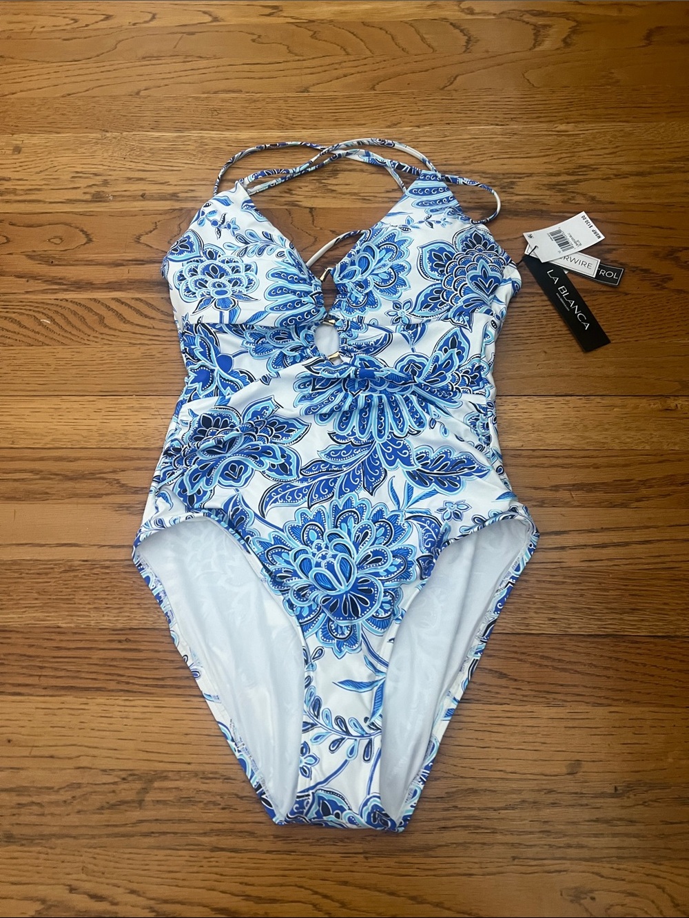La Blanca White and Blue Paisley One-Piece Swimsuit with Front Ring size 12
